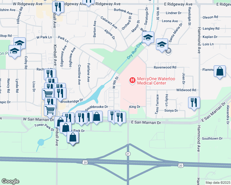 map of restaurants, bars, coffee shops, grocery stores, and more near 3728 West 9th Street in Waterloo