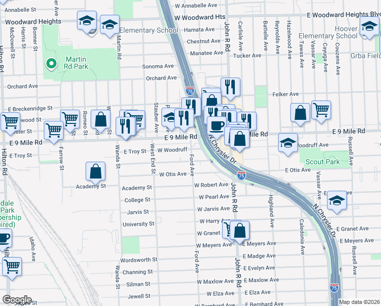 map of restaurants, bars, coffee shops, grocery stores, and more near 305 West Woodruff Avenue in Hazel Park