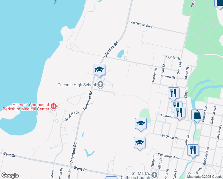 map of restaurants, bars, coffee shops, grocery stores, and more near 96 Valentine Road in Pittsfield
