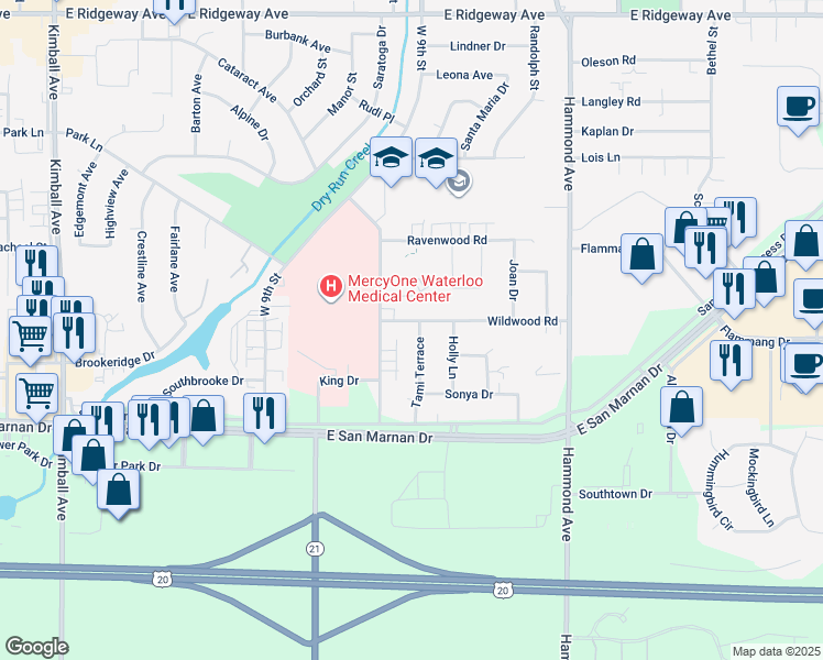 map of restaurants, bars, coffee shops, grocery stores, and more near 3810 Tami Terrace in Waterloo
