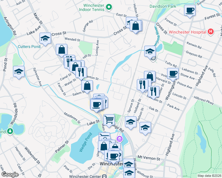 map of restaurants, bars, coffee shops, grocery stores, and more near 49 Tremont Street in Winchester