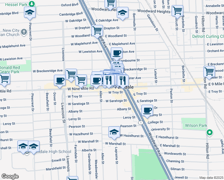 map of restaurants, bars, coffee shops, grocery stores, and more near 175 West Nine Mile Road in Ferndale
