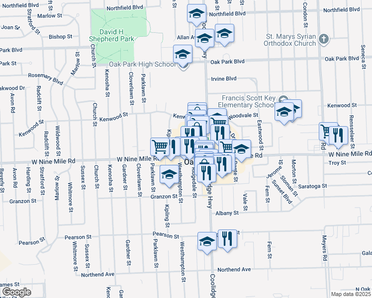 map of restaurants, bars, coffee shops, grocery stores, and more near 13770 West Nine Mile Road in Oak Park