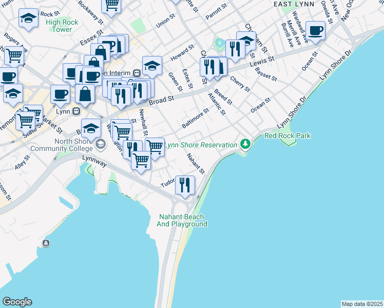 map of restaurants, bars, coffee shops, grocery stores, and more near 95 Nahant Street in Lynn
