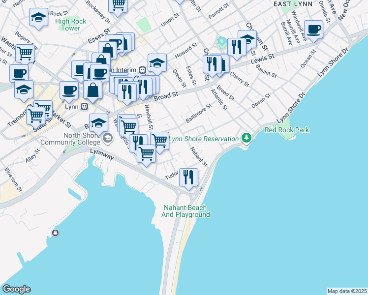 map of restaurants, bars, coffee shops, grocery stores, and more near 95 Nahant Street in Lynn