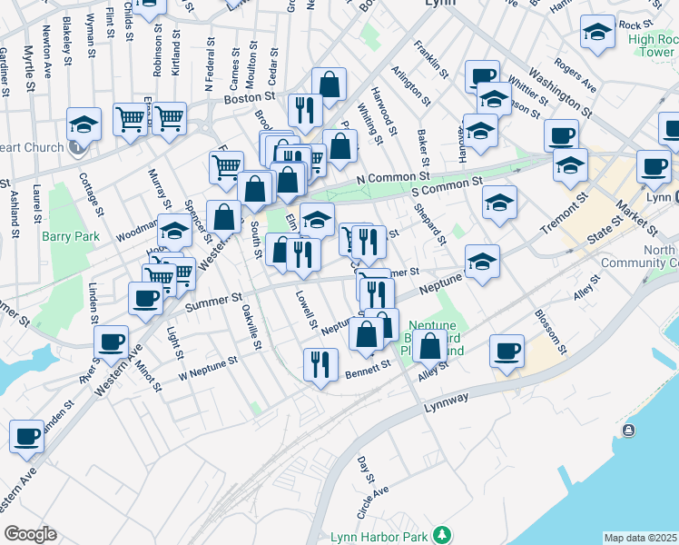 map of restaurants, bars, coffee shops, grocery stores, and more near 94 Warren Street in Lynn