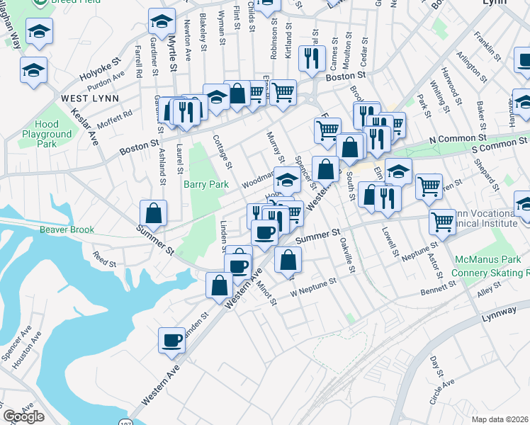 map of restaurants, bars, coffee shops, grocery stores, and more near 68 Hood Street in Lynn