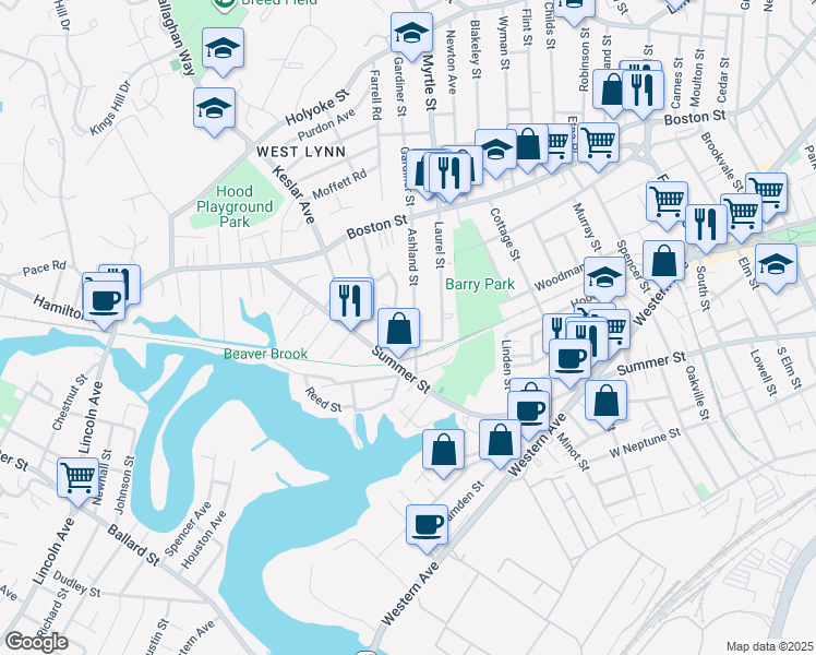 map of restaurants, bars, coffee shops, grocery stores, and more near 42 Ashland Street in Lynn