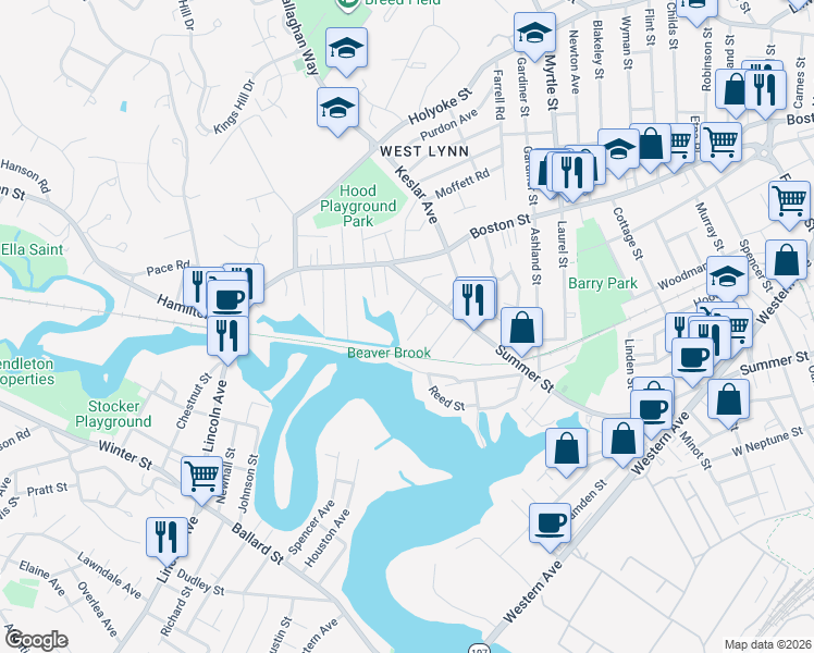 map of restaurants, bars, coffee shops, grocery stores, and more near in Lynn