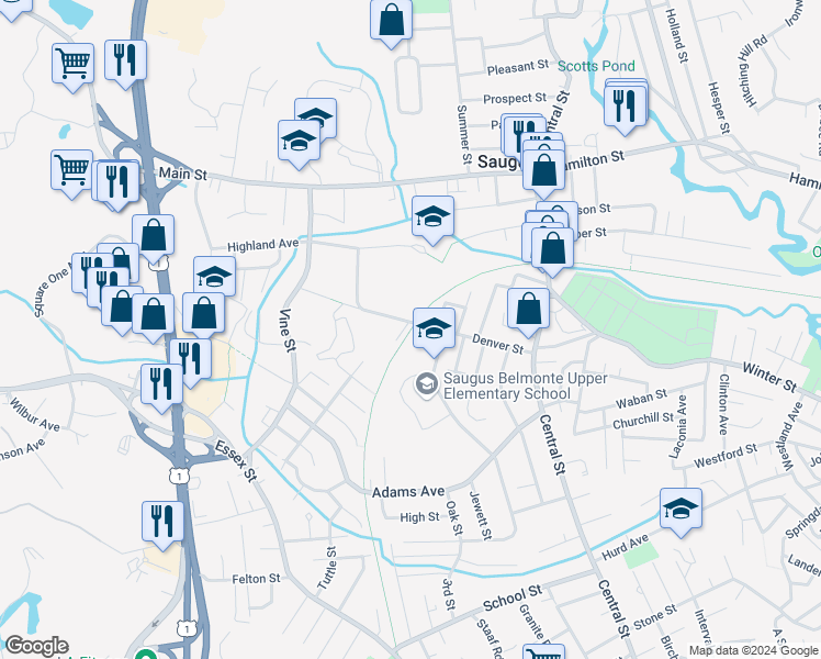 map of restaurants, bars, coffee shops, grocery stores, and more near 47 Denver Street in Saugus