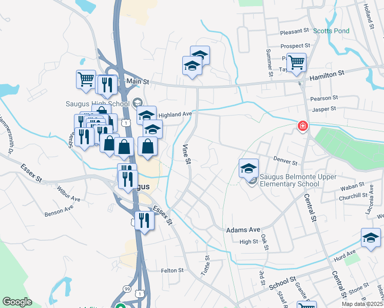 map of restaurants, bars, coffee shops, grocery stores, and more near 60 Vine Street in Saugus