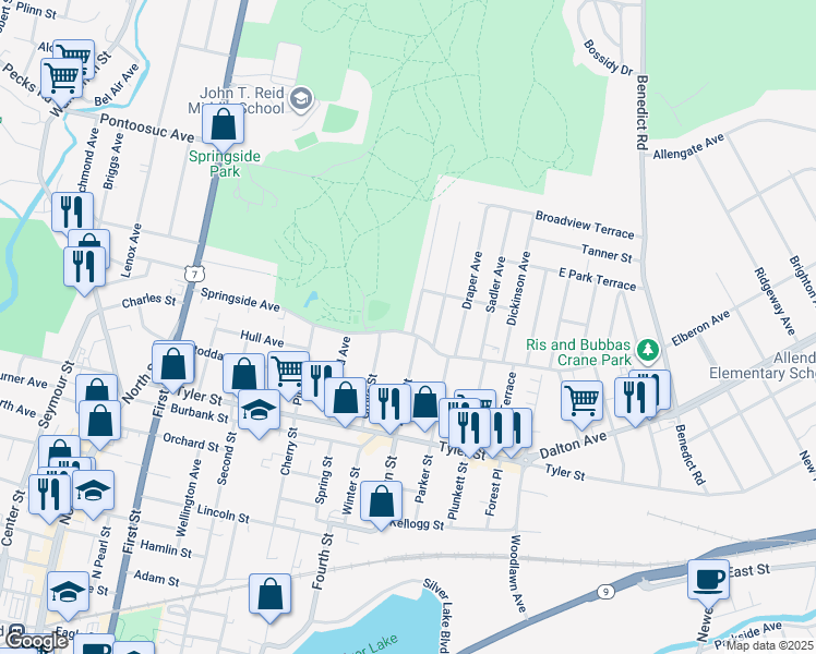 map of restaurants, bars, coffee shops, grocery stores, and more near 163 Brown Street in Pittsfield