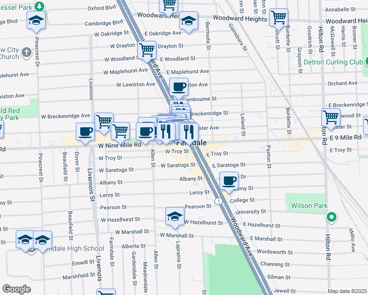 map of restaurants, bars, coffee shops, grocery stores, and more near 175 West Nine Mile Road in Ferndale