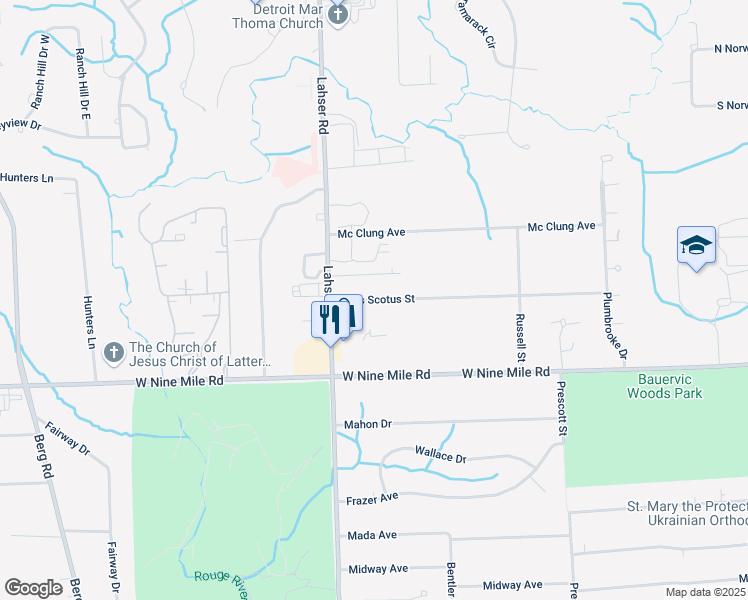 map of restaurants, bars, coffee shops, grocery stores, and more near 21915 Duns Scotus Street in Southfield
