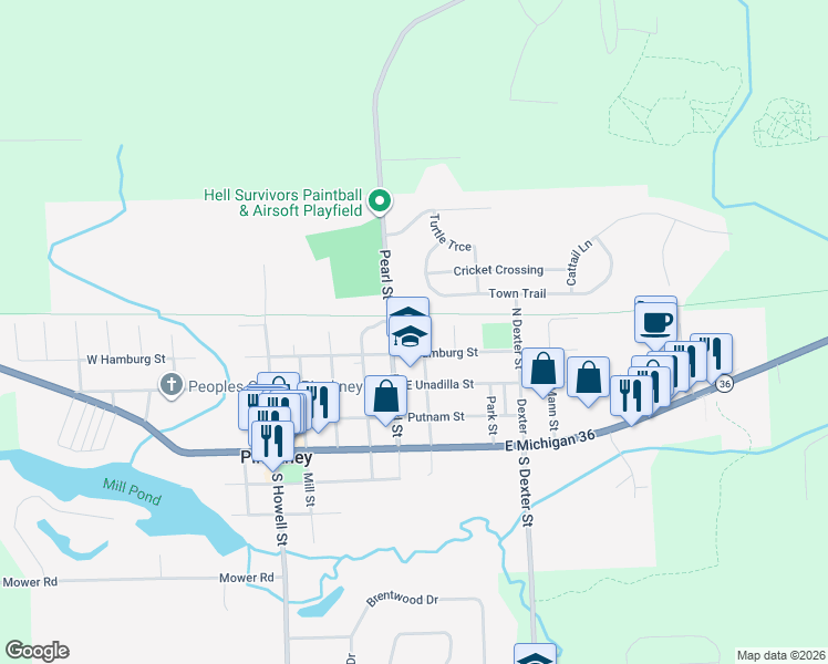 map of restaurants, bars, coffee shops, grocery stores, and more near 430 Pearl Street in Pinckney