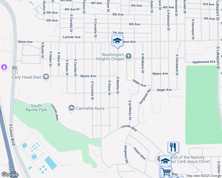 map of restaurants, bars, coffee shops, grocery stores, and more near 2736 South Glass Street in Sioux City