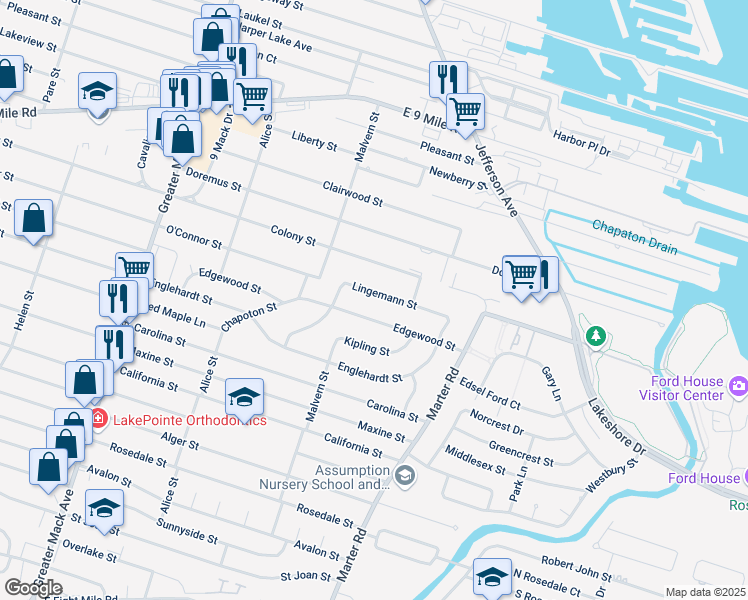 map of restaurants, bars, coffee shops, grocery stores, and more near 22912 Lingemann Street in St. Clair Shores