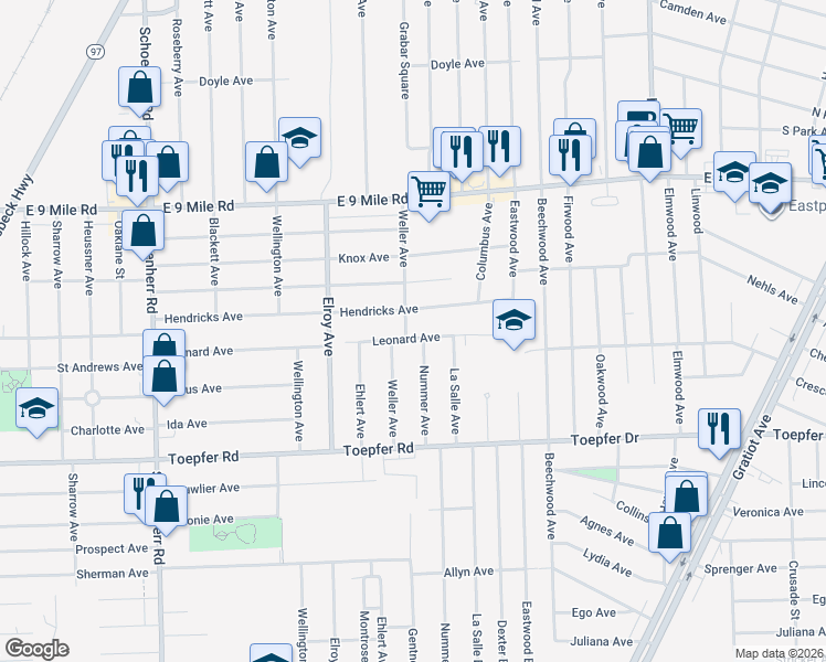 map of restaurants, bars, coffee shops, grocery stores, and more near 14375 Leonard Avenue in Warren