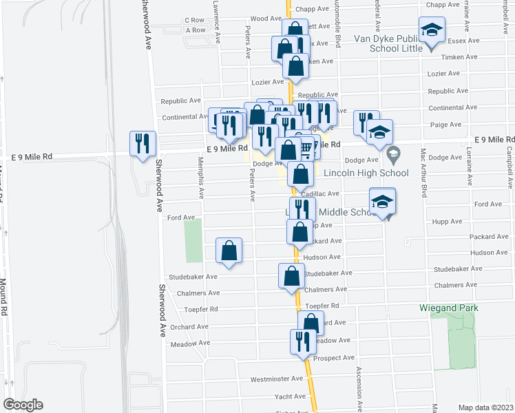map of restaurants, bars, coffee shops, grocery stores, and more near 7503 Ford Avenue in Warren