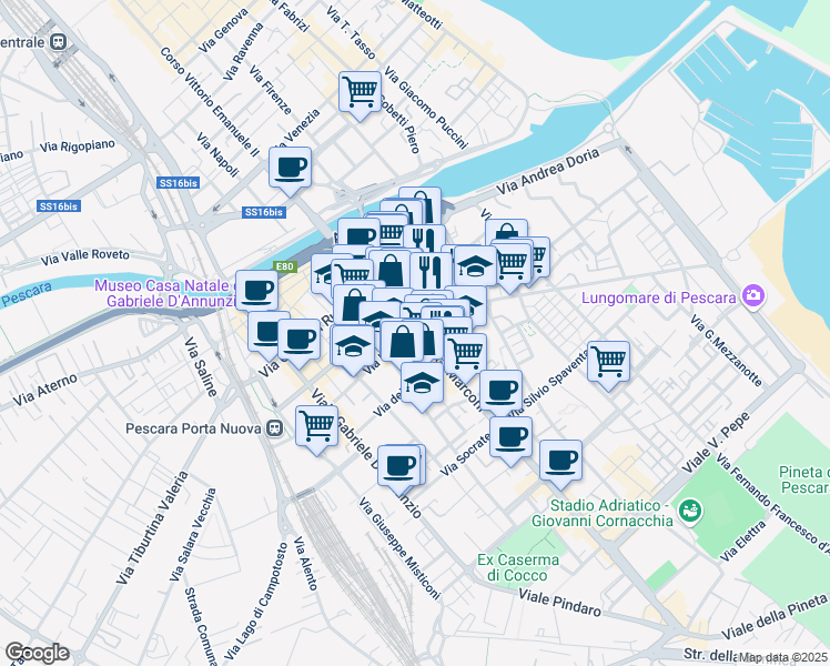 map of restaurants, bars, coffee shops, grocery stores, and more near 5 Via Nicola da Guardiagrele in Pescara