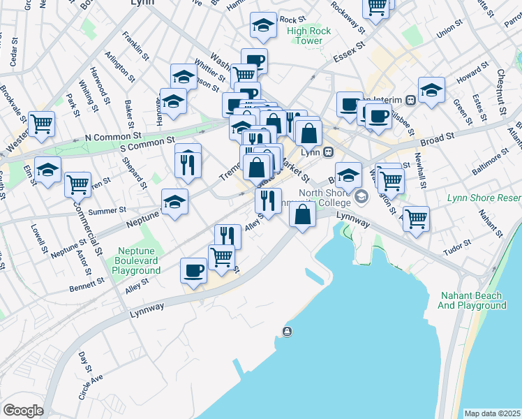 map of restaurants, bars, coffee shops, grocery stores, and more near 125 Pleasant Street in Lynn
