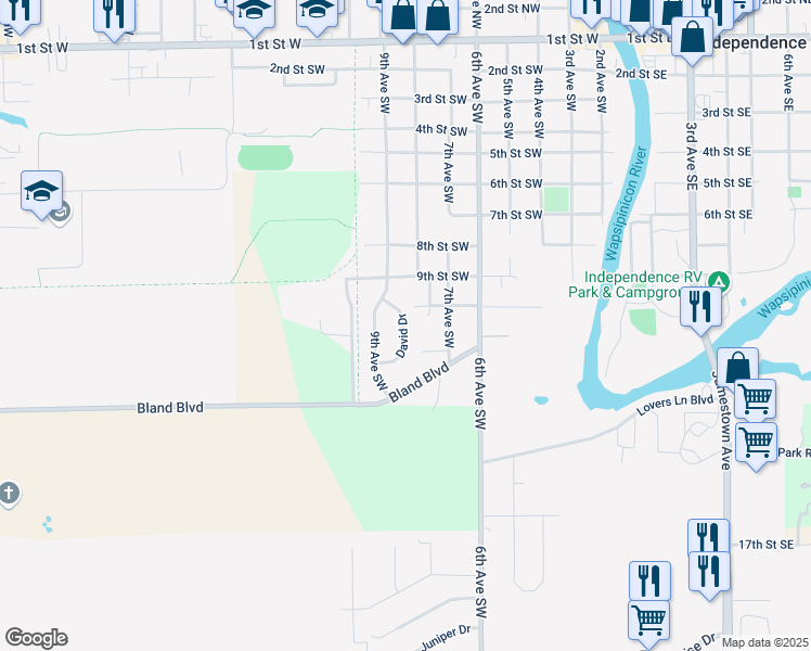 map of restaurants, bars, coffee shops, grocery stores, and more near 1005 David Drive in Independence