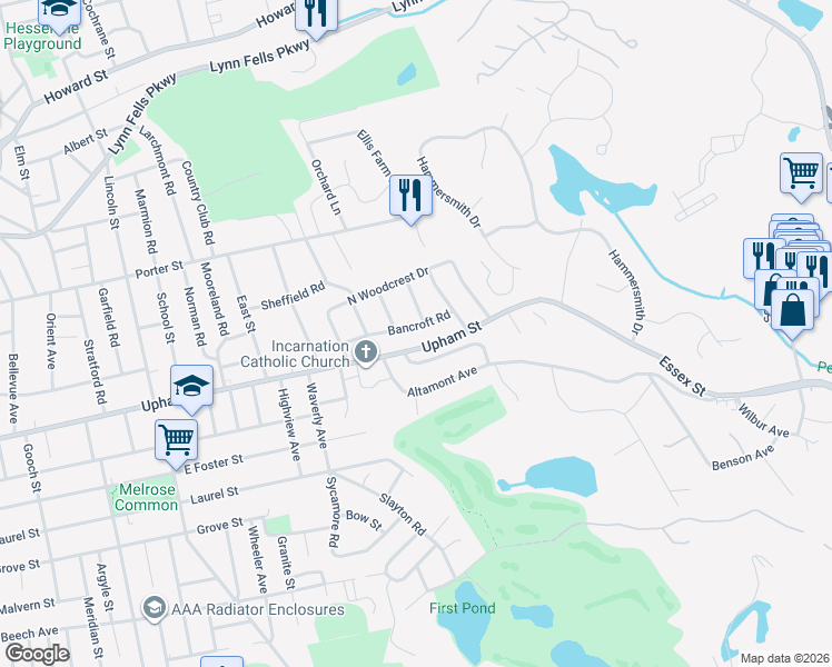 map of restaurants, bars, coffee shops, grocery stores, and more near 63 Bancroft Road in Melrose