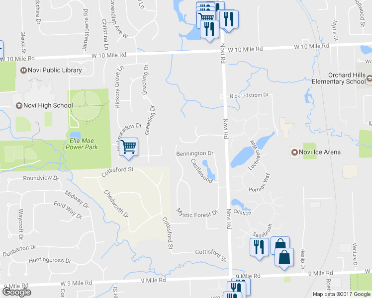 map of restaurants, bars, coffee shops, grocery stores, and more near 43490 Bennington Drive in Novi