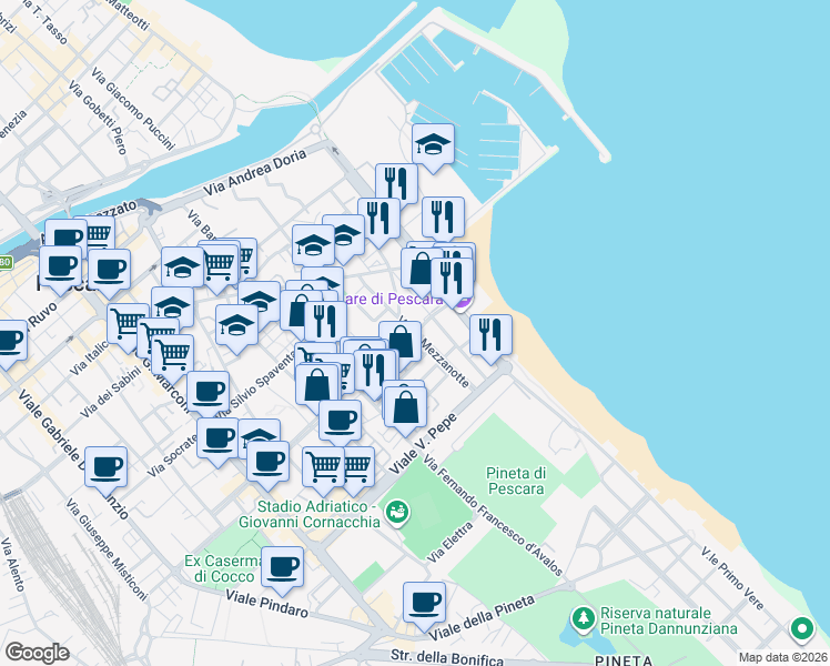 map of restaurants, bars, coffee shops, grocery stores, and more near 46 Via G. Mezzanotte in Pescara