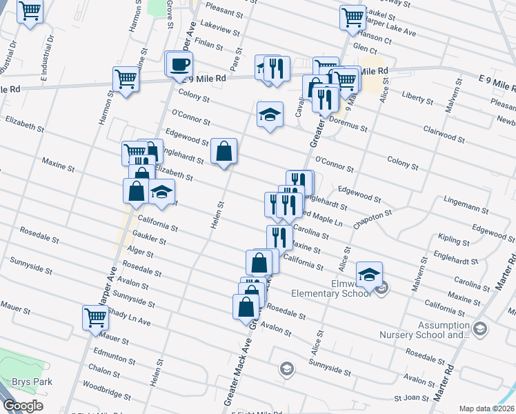 map of restaurants, bars, coffee shops, grocery stores, and more near 22123 Elizabeth Street in St. Clair Shores