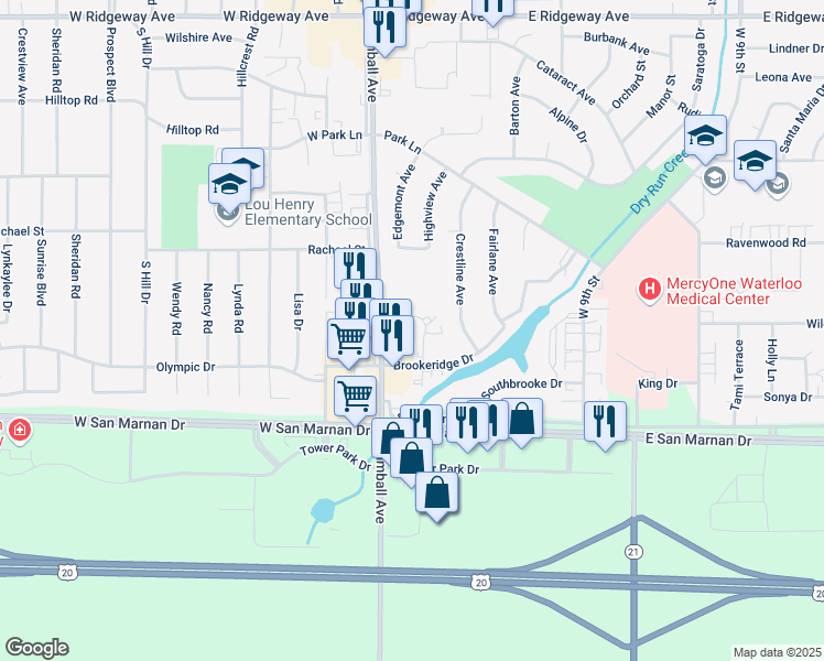 map of restaurants, bars, coffee shops, grocery stores, and more near 3640 Canterbury Court in Waterloo