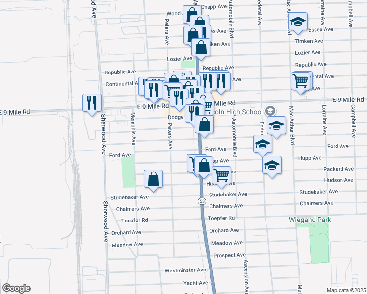 map of restaurants, bars, coffee shops, grocery stores, and more near 7551 Ford Ave in Warren