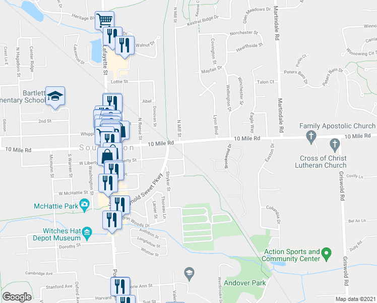 map of restaurants, bars, coffee shops, grocery stores, and more near 109 South Mill Street in South Lyon