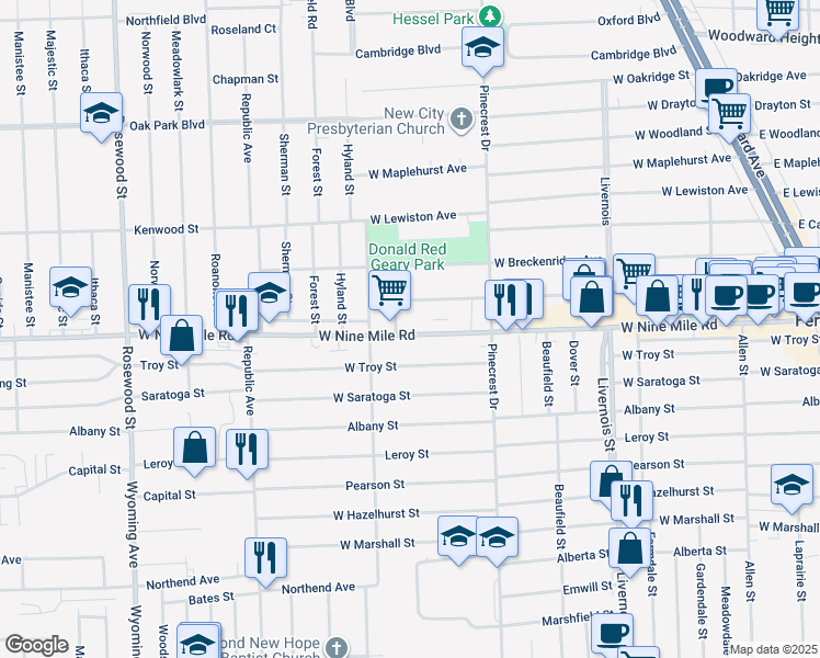 map of restaurants, bars, coffee shops, grocery stores, and more near 1270 West Nine Mile Road in Ferndale