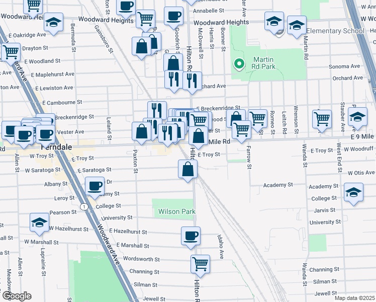 map of restaurants, bars, coffee shops, grocery stores, and more near 730 East 9 Mile Road in Ferndale
