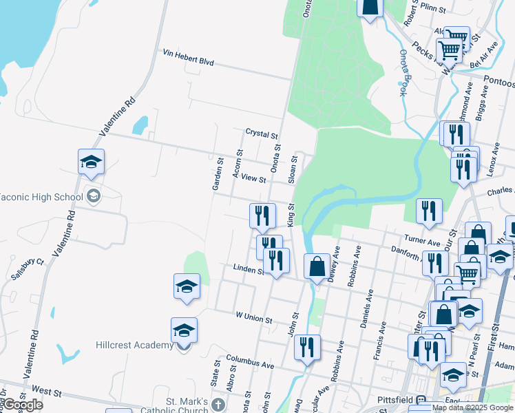 map of restaurants, bars, coffee shops, grocery stores, and more near 15 Woodbine Ave in Pittsfield