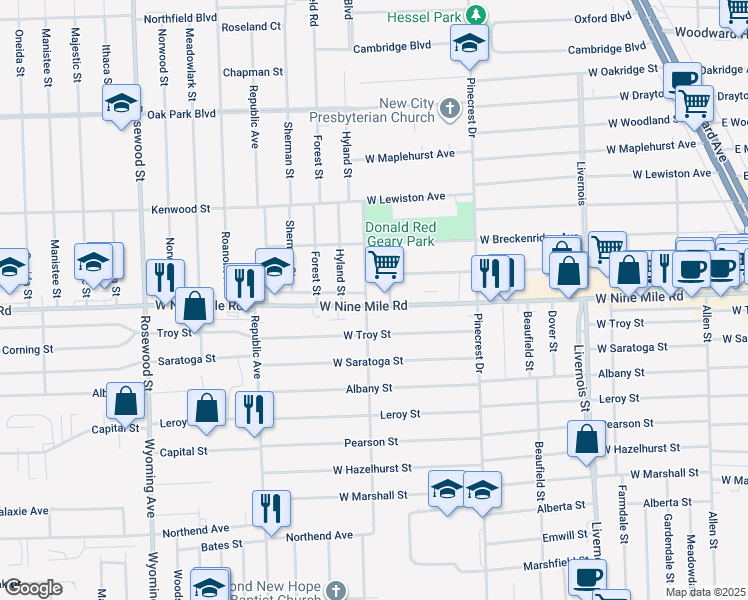 map of restaurants, bars, coffee shops, grocery stores, and more near 1358 West Nine Mile Road in Ferndale