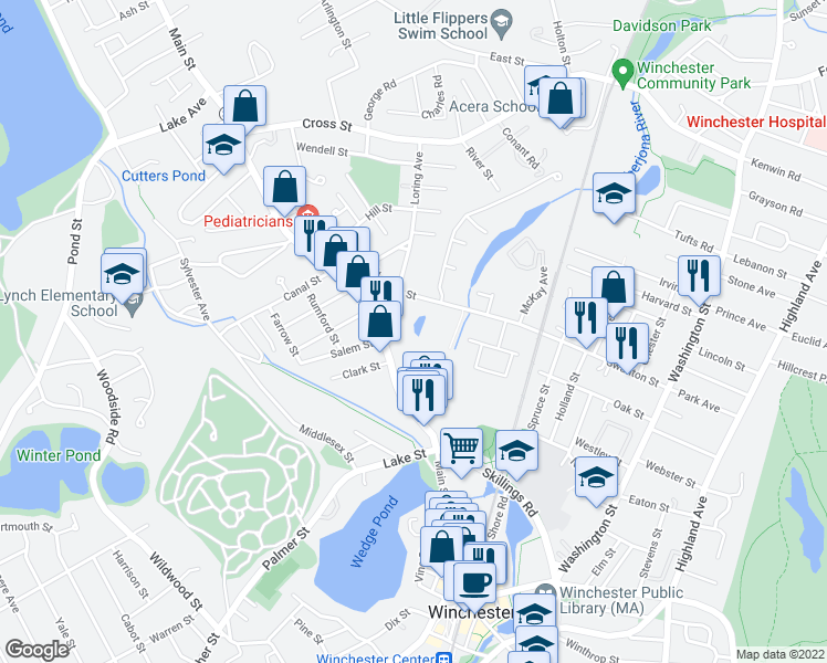 map of restaurants, bars, coffee shops, grocery stores, and more near 200 Swanton Street in Winchester