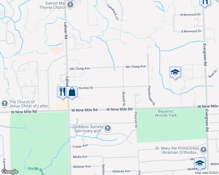 map of restaurants, bars, coffee shops, grocery stores, and more near 21450 Duns Scotus Street in Southfield