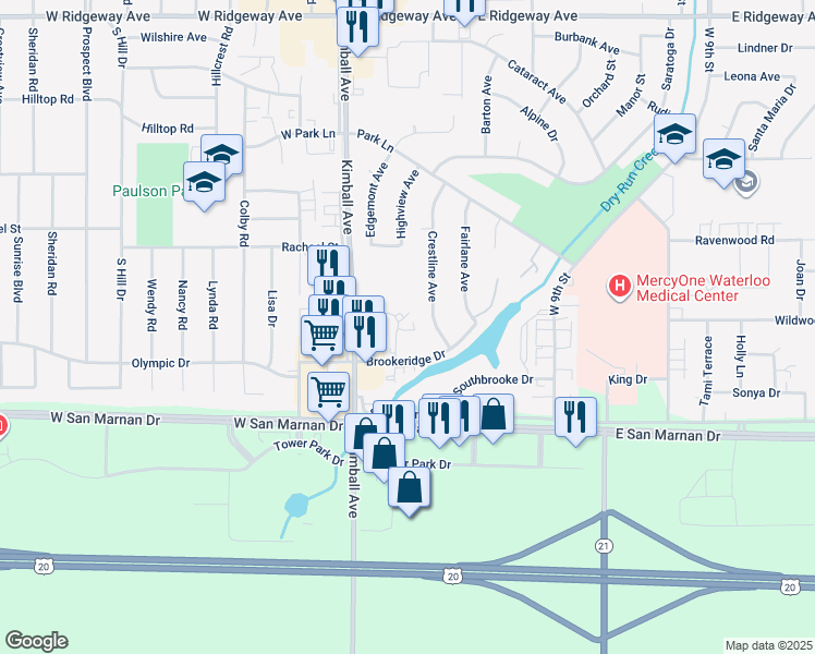 map of restaurants, bars, coffee shops, grocery stores, and more near 3639 Canterbury Court in Waterloo