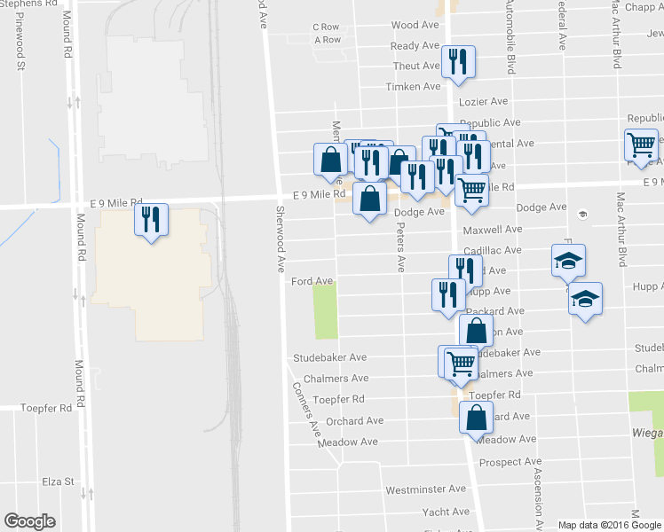 map of restaurants, bars, coffee shops, grocery stores, and more near 6812 Cadillac Ave in Warren