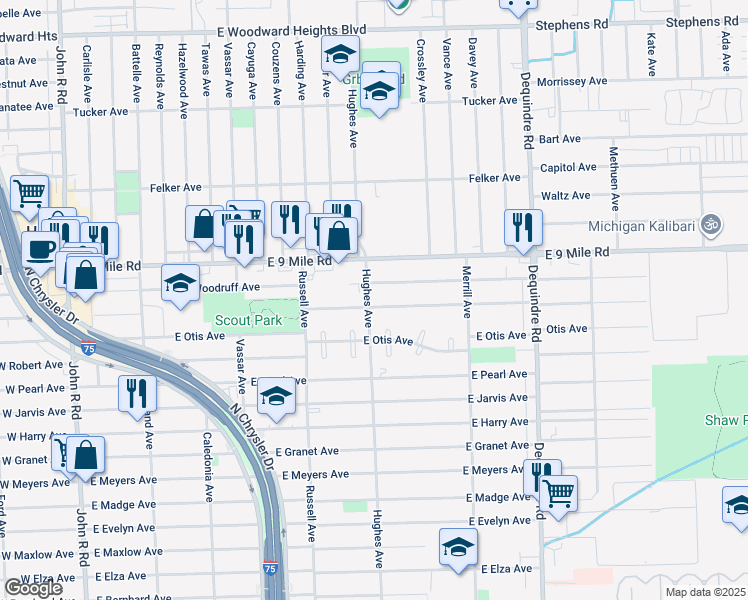 map of restaurants, bars, coffee shops, grocery stores, and more near 1405 East Goulson Avenue in Hazel Park