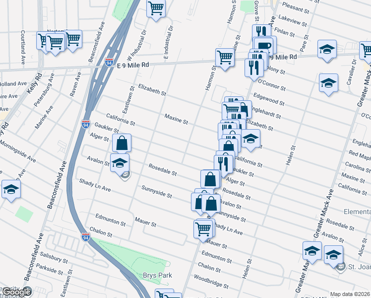 map of restaurants, bars, coffee shops, grocery stores, and more near 20330 California Street in St. Clair Shores
