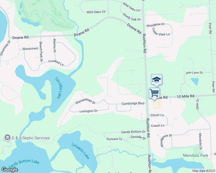 map of restaurants, bars, coffee shops, grocery stores, and more near 9844 Cambridge Court in South Lyon