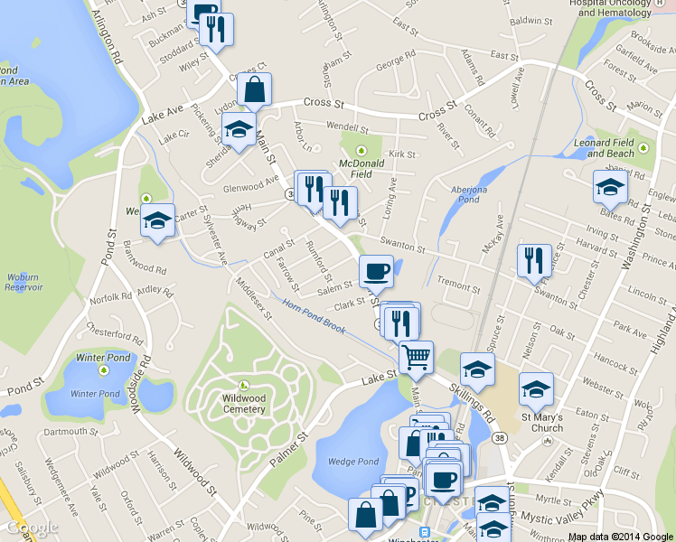 map of restaurants, bars, coffee shops, grocery stores, and more near 24 Richardson Street in Winchester
