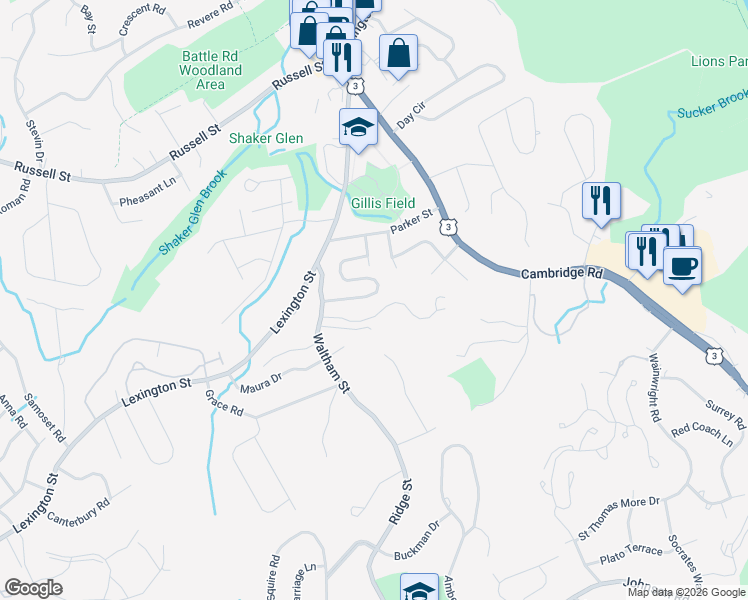 map of restaurants, bars, coffee shops, grocery stores, and more near 20 Bernard Road in Woburn