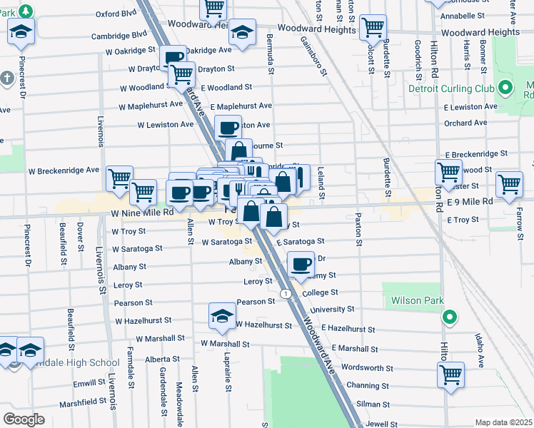 map of restaurants, bars, coffee shops, grocery stores, and more near in Ferndale
