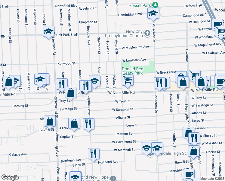 map of restaurants, bars, coffee shops, grocery stores, and more near 8106 West Nine Mile Road in Oak Park