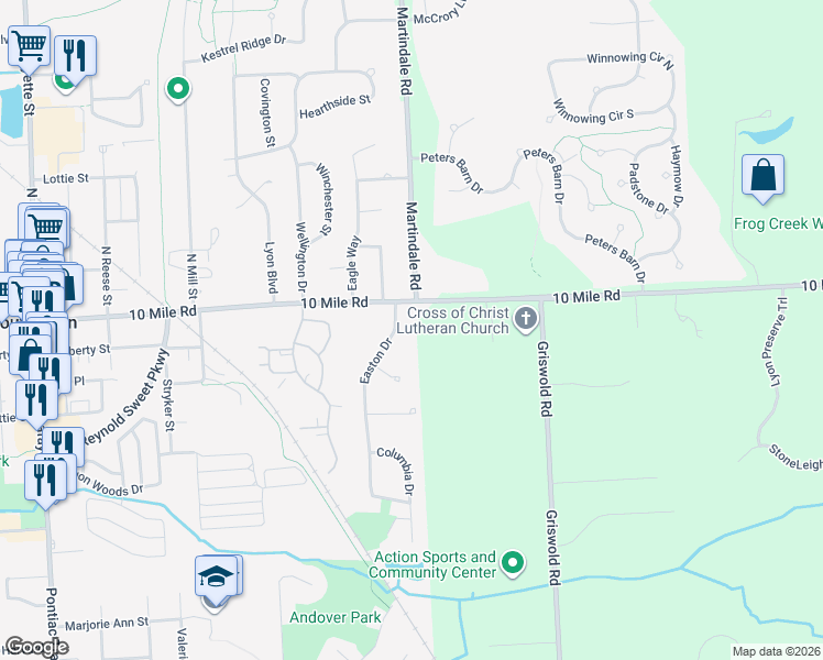 map of restaurants, bars, coffee shops, grocery stores, and more near 115 Easton Dr in South Lyon
