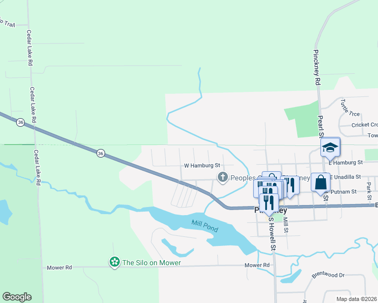 map of restaurants, bars, coffee shops, grocery stores, and more near 441 Haze in Pinckney